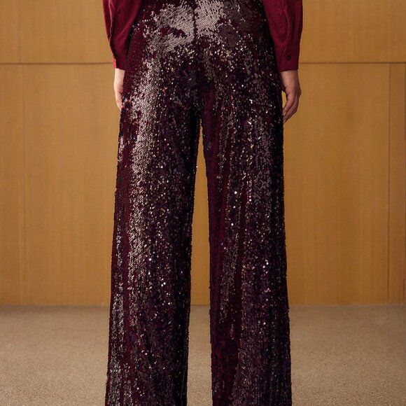 Burgundy Party Women's Contrast Sequin Straight Leg Suit Pants - Picture 2 of 8